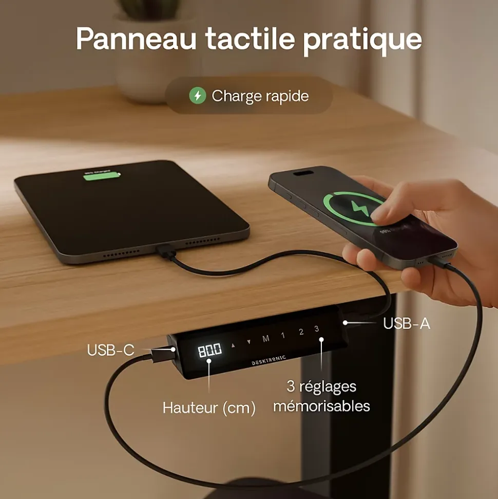 Desktronic Bureau assis debout HomePro 200x80cm - Électrique Réglable en Hauteur - Chargeur USB/USB-C - Noir/Chêne