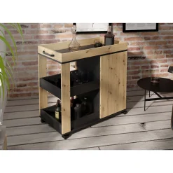 Desserte à roulettes 3 plateaux et 1 porte décor bois et noir - BENJI