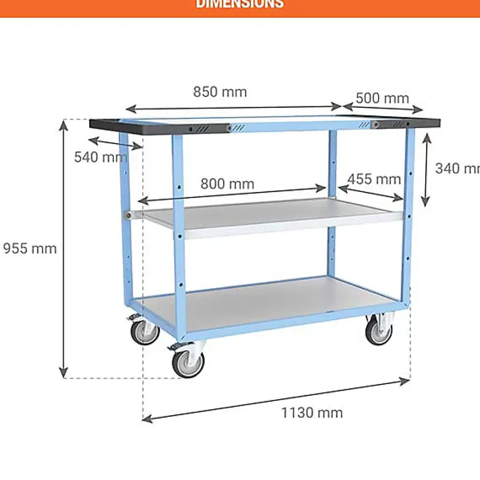 Desserte de bureau double poignée silencieux - 3 plateaux 850x500mm - Charge max 250kg - 880701522