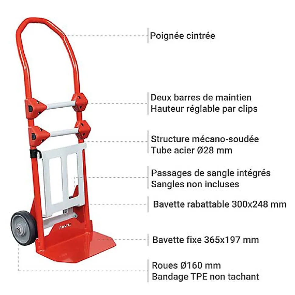 Diable - Bavette fixe + repliable - 2 barres de maintien - 180kg - 810010388/BM