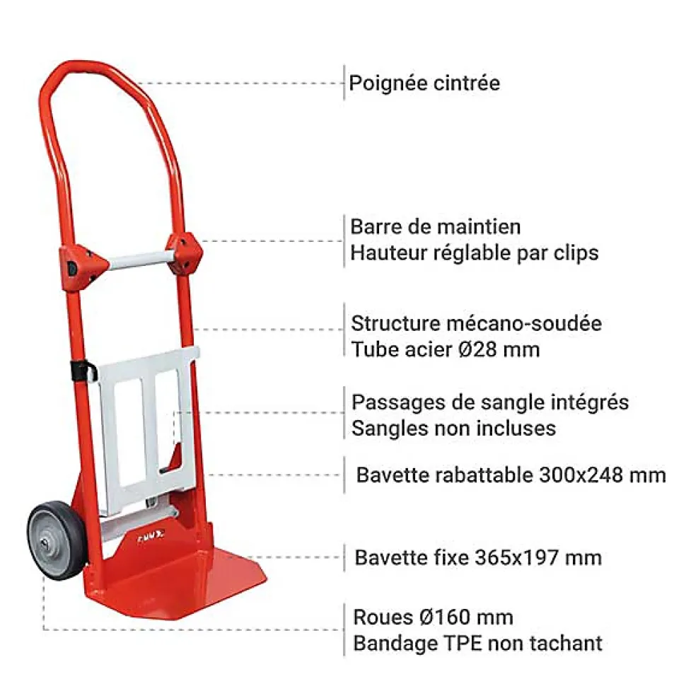 Diable - Bavette fixe + repliable - 1 barre de maintien - 180kg - 810010388