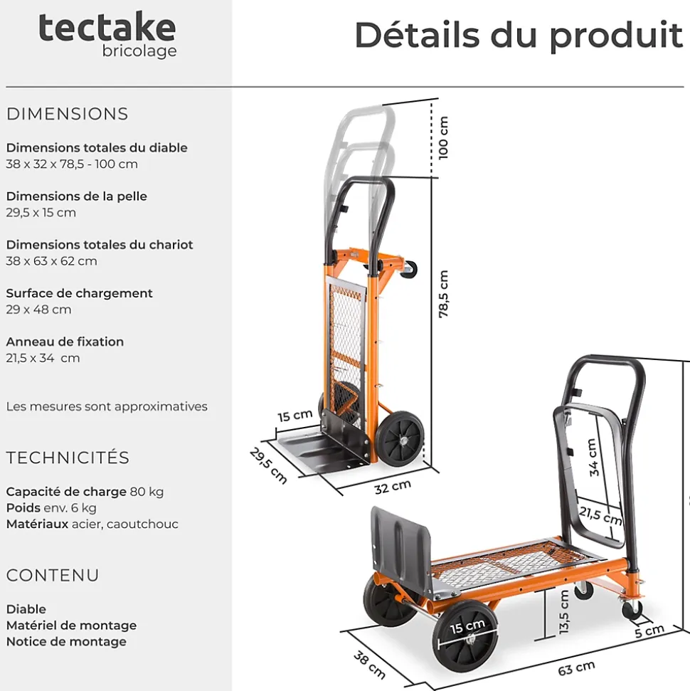Diable 2 en 1 2 en 1 Capacité de charge maximale 80 kg