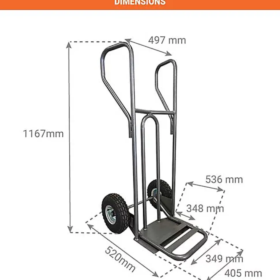 Diable - Pelle fixe 348x405mm - charge 250kg - Roues pneumatiques - DVPF1-RG-BR