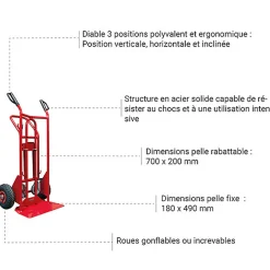 Diable 3 positions acier - Charge max 250kg / 350kg - Roues gonflables - 810006146