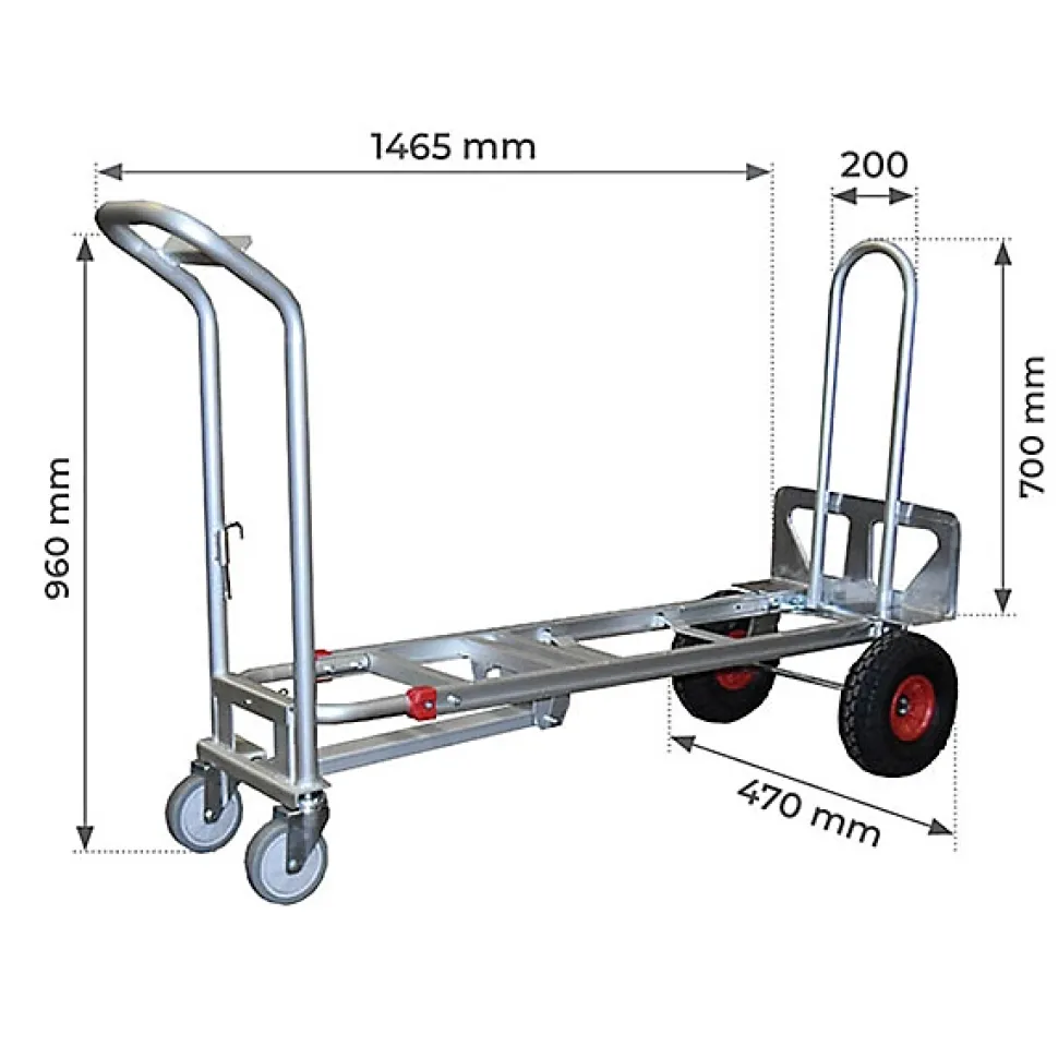 Diable 3 positions aluminium - Charge 250kg / 350kg - Roues gonflables - STC3