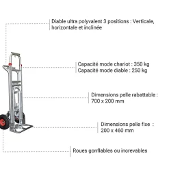 Diable 3 positions aluminium - Charge 250kg / 350kg - Roues gonflables - STC3