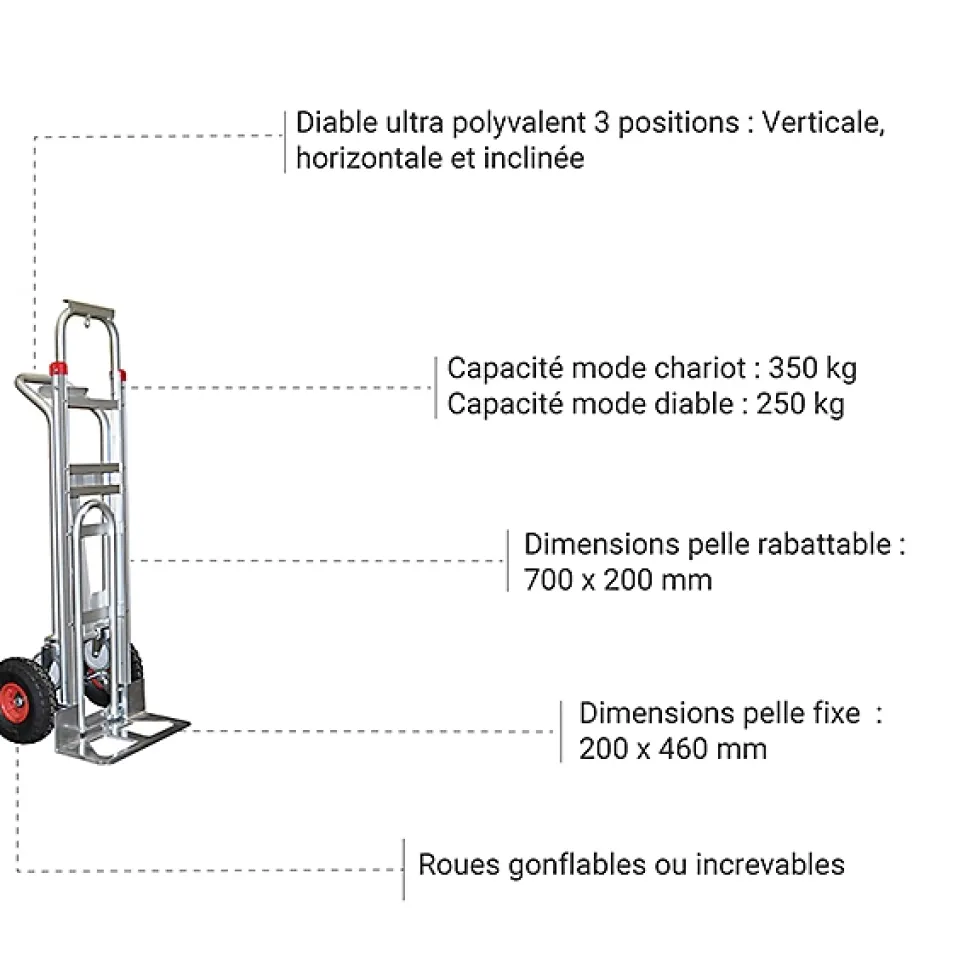 Diable 3 positions aluminium - Charge 250kg / 350kg - Roues gonflables - STC3