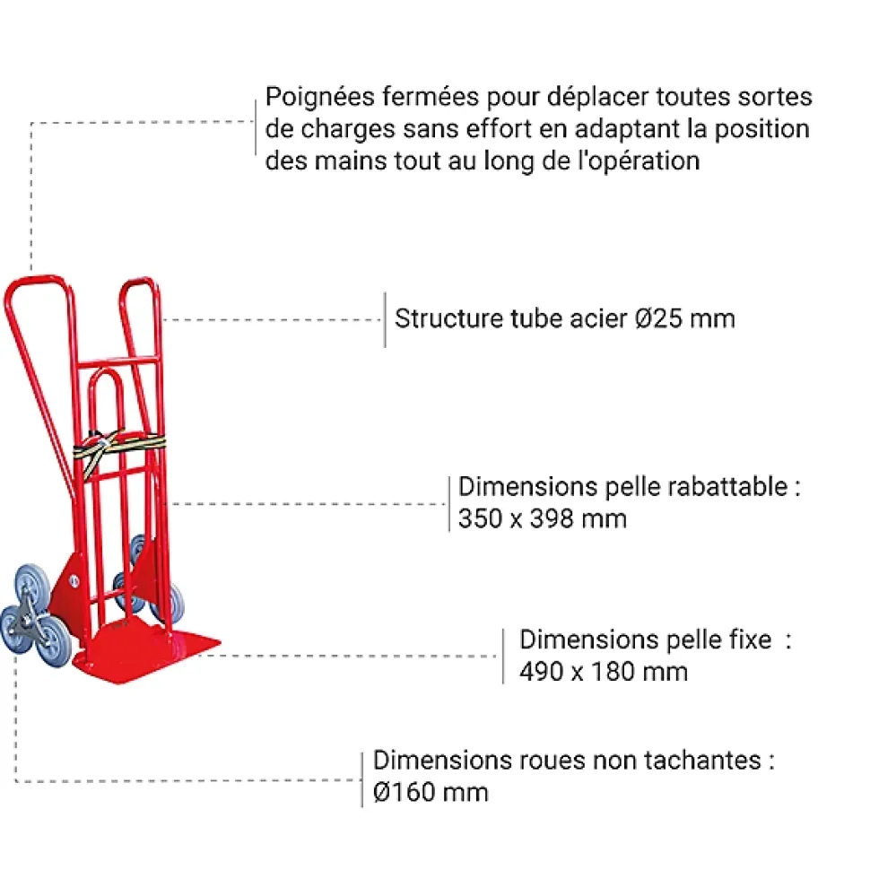 Diable 3 roues pliant charge 250kg - Roues caoutchouc gris non tachant - 810212033