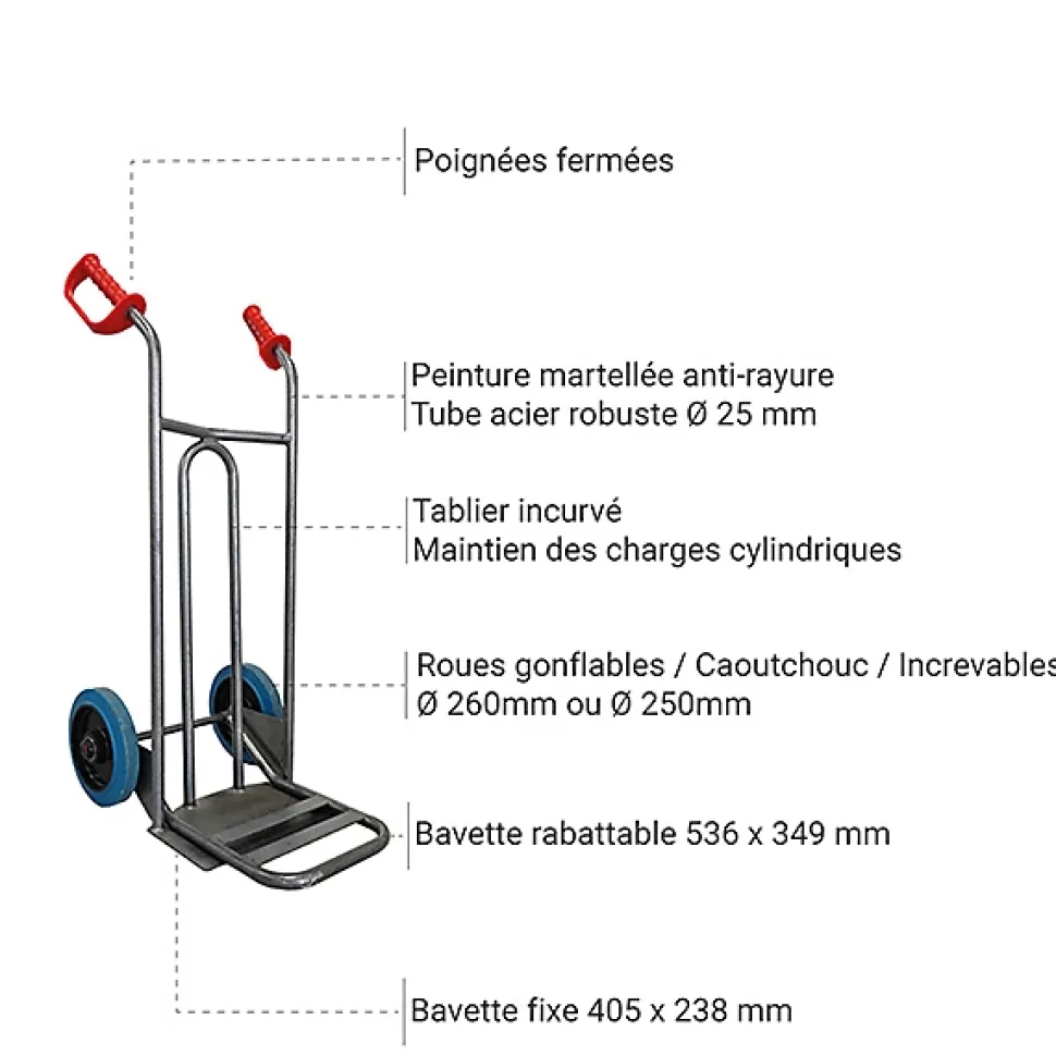Diable acier charge 250kg - Roues caout. élast. noir silencieux - DVPO-RSN-BR