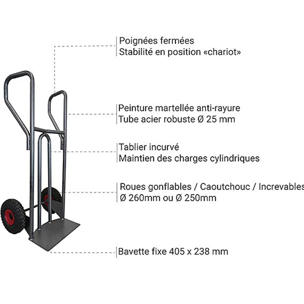 Diable acier charge 400kg - Roues increvables non tachantes silenc. - DVPF400-RINC