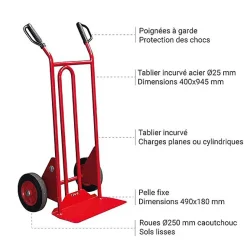Diable acier charge 250kg - Roues caoutchouc et poignées à gardes - 810200020