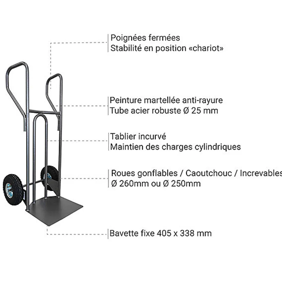 Diable acier charge 250kg - Roues pneumatiques - DVPF1-RG