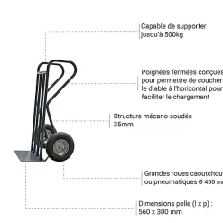 Diable acier charge 500kg BTP - Roues pneumatiques - 810007204