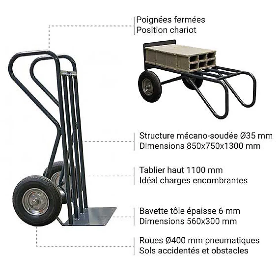 Diable acier charge 500kg BTP - Roues pneumatiques - 810007204