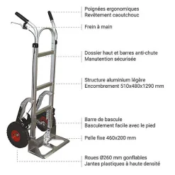 Diable alu avec frein - Roues gonflables - ST250/FM