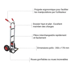 Diable aluminium capacité 250kg - Dossier plat et roues gonflables - ST250N