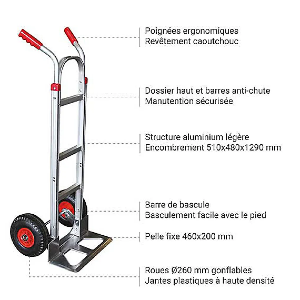 Diable aluminium capacité 250kg - Dossier plat et roues gonflables - ST250N