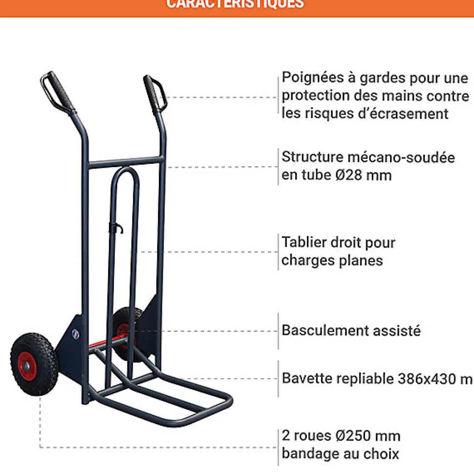 Diable basculement assisté - Roues increvables - Charge max 150kg - 810301122