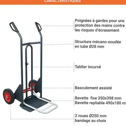 Diable basculement assisté - Roues pneumatiques - Charge max 350kg - 810302121