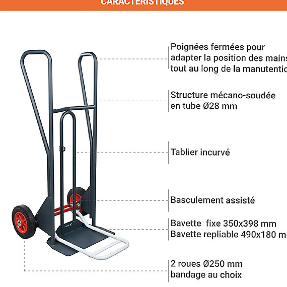 Diable basculement assisté - Roues caoutchouc - Charge max 350kg - 810312120