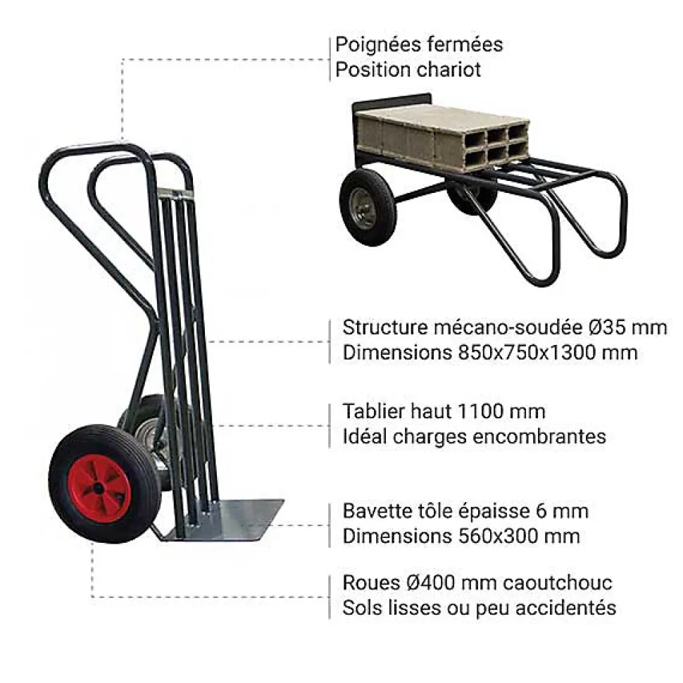 Diable charge lourde à roues caoutchouc - Pelle 560x300mm - Charge max 400kg - 810009634