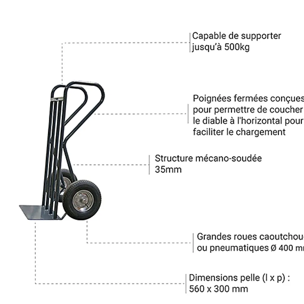 Diable charge lourde à roues caoutchouc - Pelle 560x300mm - Charge max 400kg - 810009634
