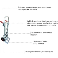 Diable chariot aluminium - Charge max 250kg / 350kg - Roues gonflables - STC2