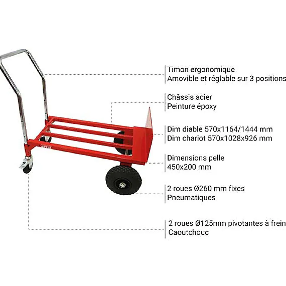 Diable chariot roues pneumatiques - Charge max 300kg - 219468