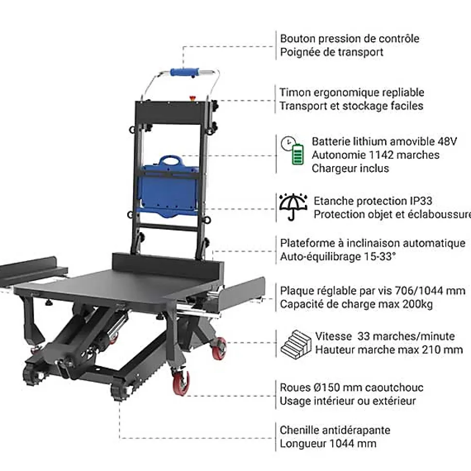 Diable électrique escalier pliable - Grand plateau - Charge 200kg - CT200