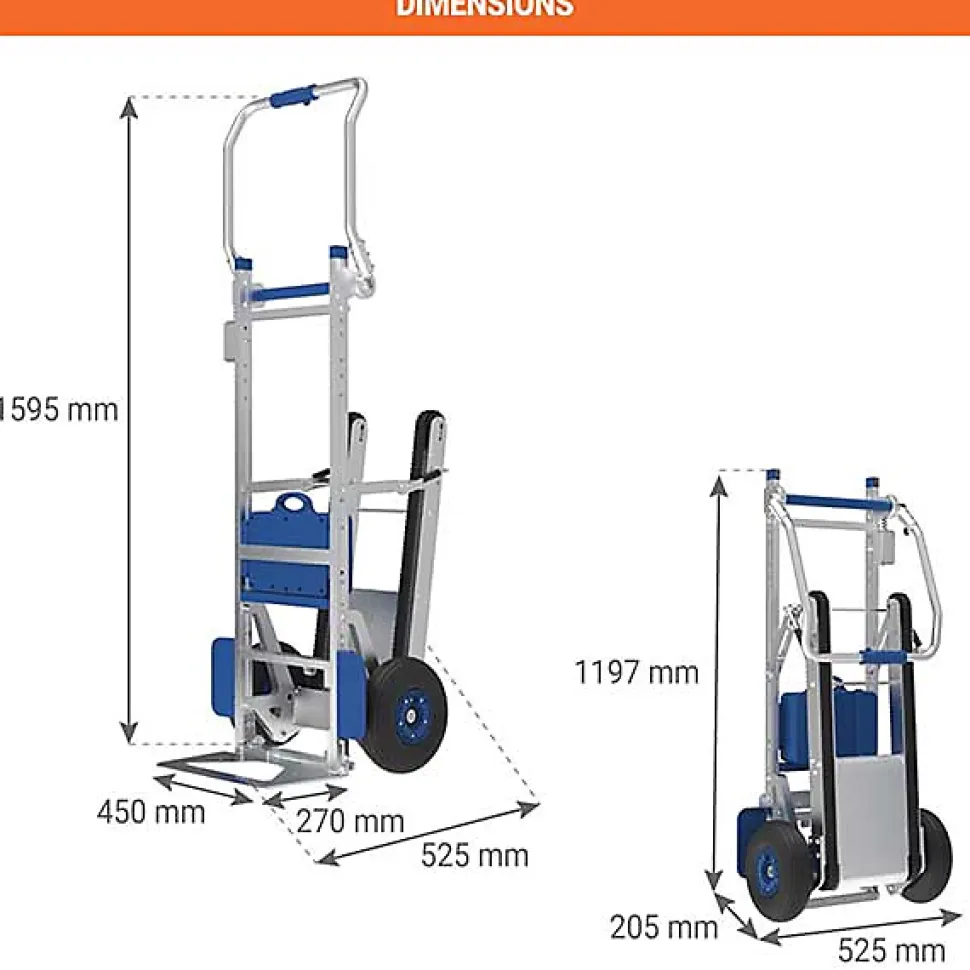 Diable électrique escalier pliable - Pelle 450x270mm - Charge 150kg - DCE150