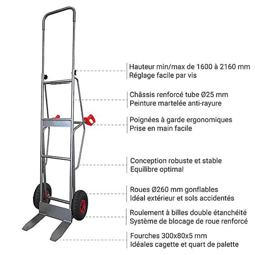 Diable maraîcher à fourches 250kg - Roues pneumatiques - DMPO250-RG