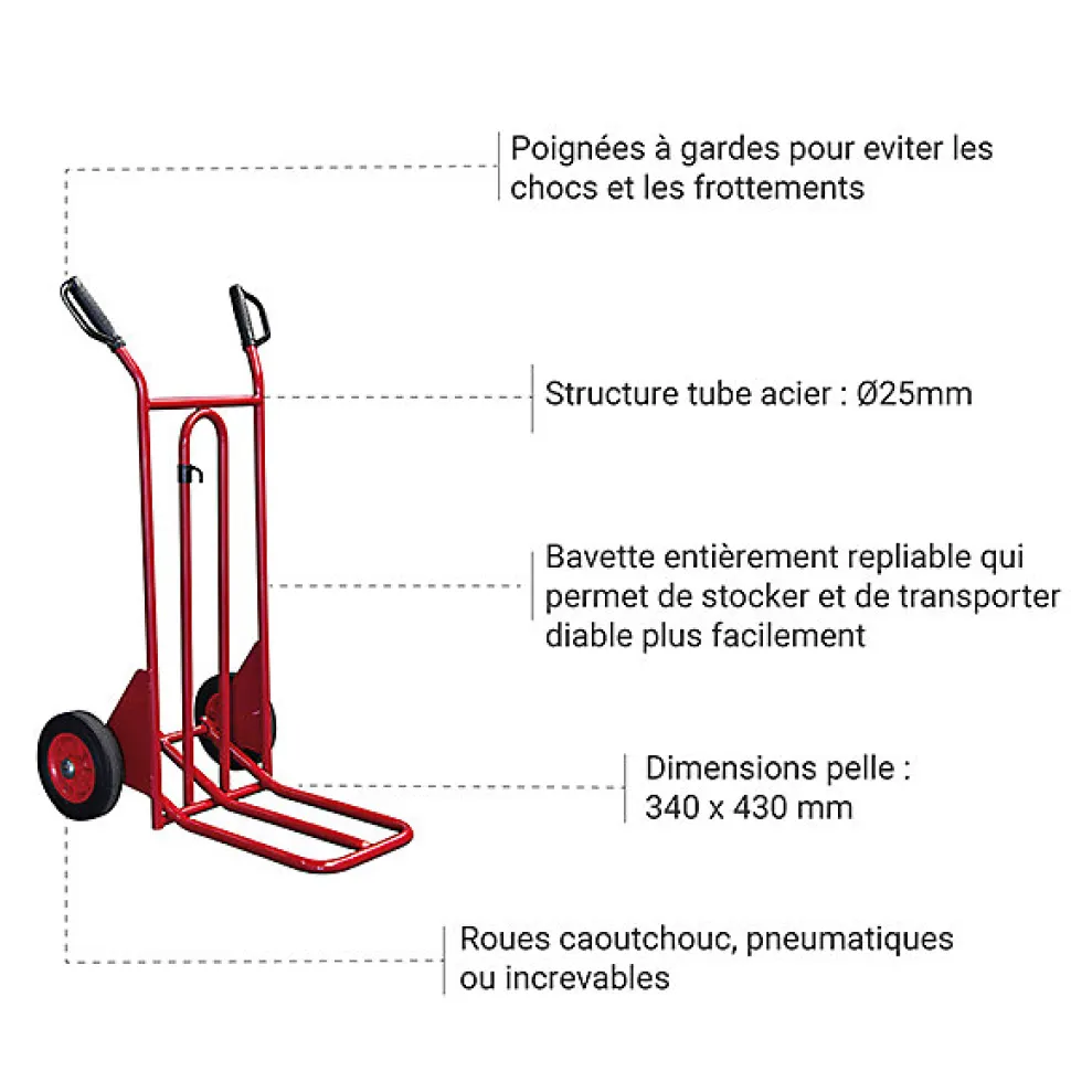 Diable pliant charge 250kg - Roues pneumatiques - 810201021