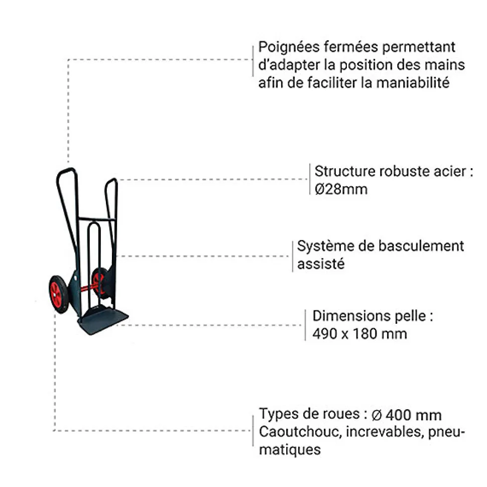 Diable pour charge lourde à basculement assisté - Cap 200kg - Roues increvable - 810310141