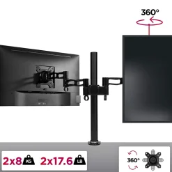 DM352 BK Support 2 écrans PC à pince pour bureau Bras de moniteur Rotatif Inclinable Pivotant Compatible VESA 75 100 Duronic