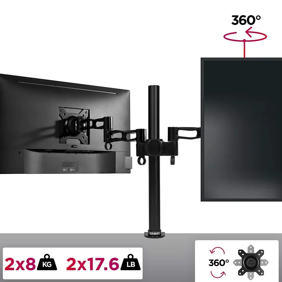 DM352 BK Support 2 écrans PC à pince pour bureau Bras de moniteur Rotatif Inclinable Pivotant Compatible VESA 75 100 Duronic