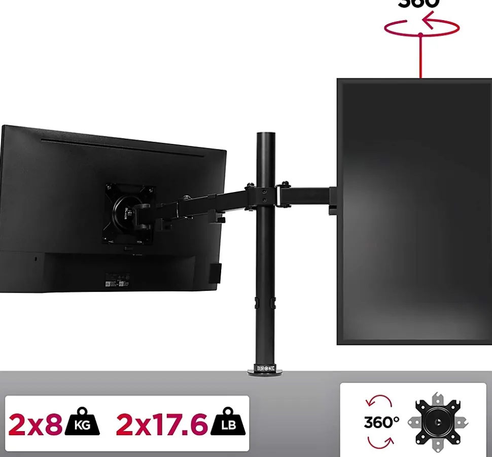 DM152 Support 2 écrans PC à pince pour bureau Bras de moniteur Rotatif Inclinable Pivotant Compatible VESA 75 100 Duronic