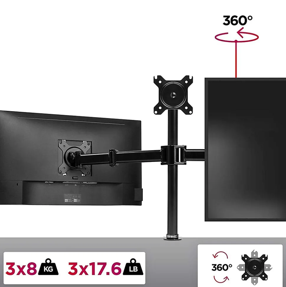 DM253 Support 3 écrans PC à pince pour bureau Bras de moniteur Rotatif Inclinable Pivotant Compatible VESA 75 100 Duronic