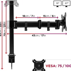 DM253 Support 3 écrans PC à pince pour bureau Bras de moniteur Rotatif Inclinable Pivotant Compatible VESA 75 100 Duronic