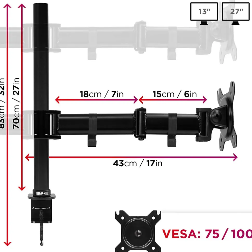 DM254 Support 4 écrans PC à pince pour bureau Bras de moniteur Rotatif Inclinable Pivotant Compatible VESA 75 100 Duronic