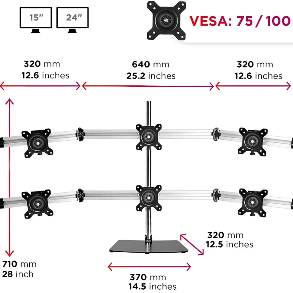 DM756 Support 6 écrans PC sur socle pour bureau Bras de moniteurs Rotatif Inclinable Pivotant Compatible VESA 75 100 Duronic
