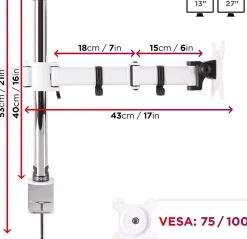 DM252 WE Support 2 écrans PC à pince pour bureau Bras de moniteur Rotatif Inclinable Pivotant Compatible VESA 75 100 Duronic