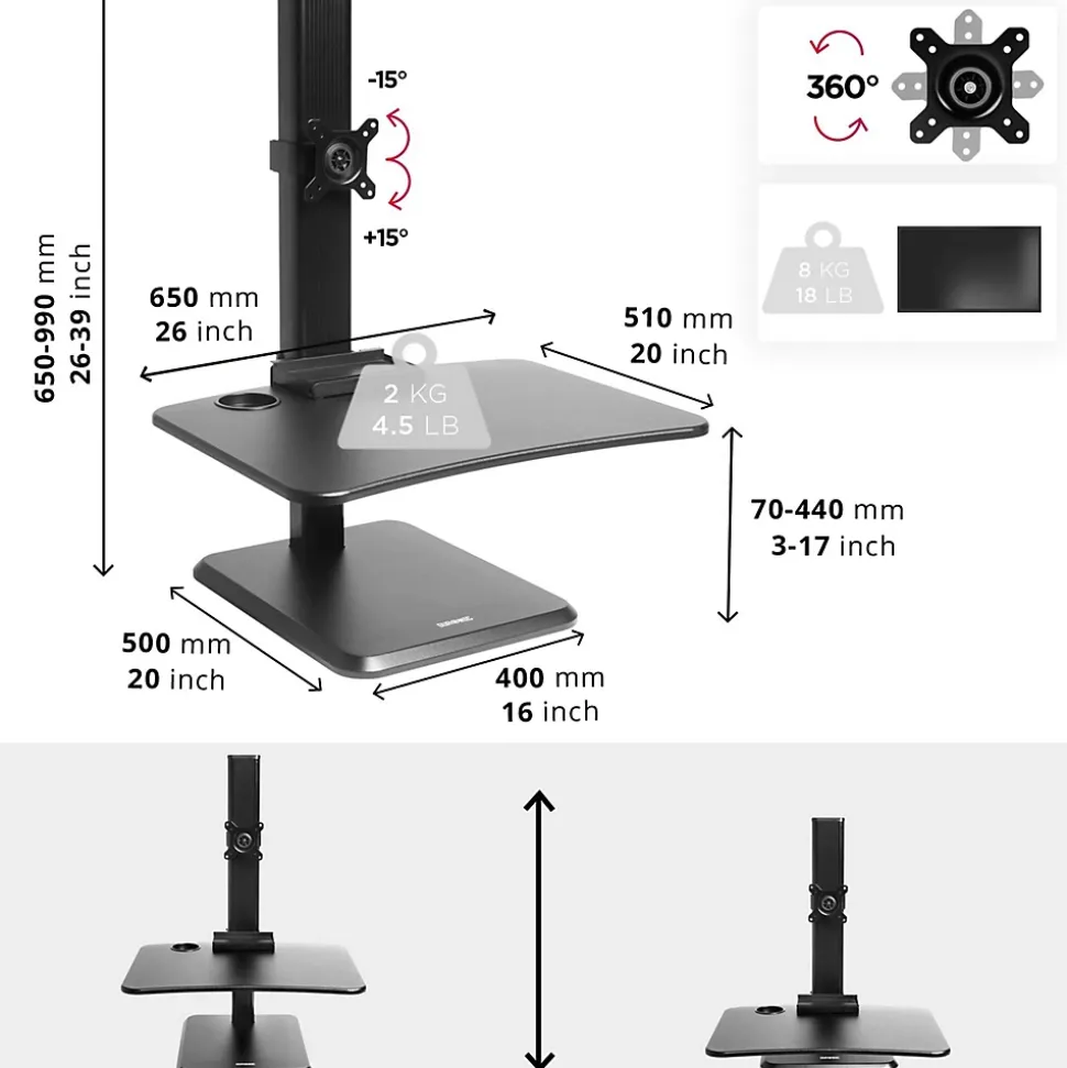 DM05D14 Station de travail assis debout 65 x 51 cm avec support d'écran intégré Hauteur ajustable de 7 à 44 cm Duronic