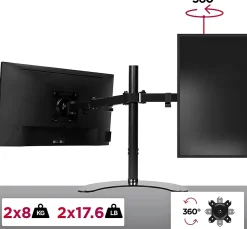 DM15D2 Support 2 écrans PC sur socle pour bureau Bras de moniteurs Rotatif Inclinable Pivotant Compatible VESA 75 100 Duronic