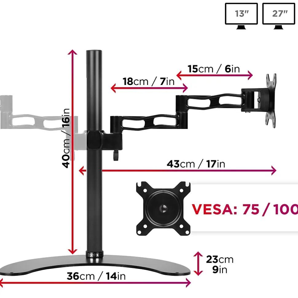 DM35D2 Support 2 écrans PC sur socle pour bureau Bras de moniteurs Rotatif Inclinable Pivotant Compatible VESA 75 100 Duronic