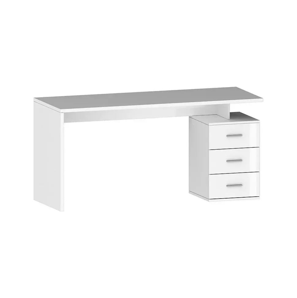 Dmora Bureau Siro 160x60x75h cm Blanc Brillant Modulable 3 Tiroirs, Étagères Fabriqué en Italie