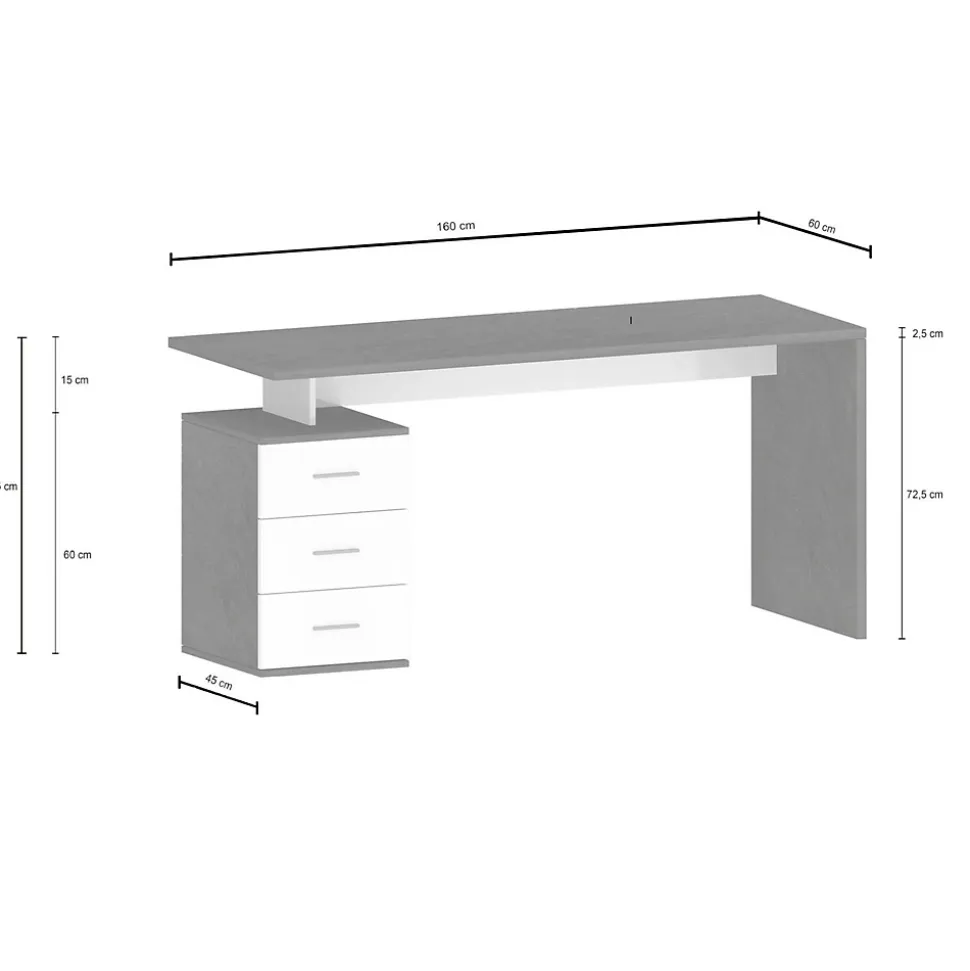 Dmora Bureau Siro 160x60x75h cm Blanc Brillant Modulable 3 Tiroirs, Étagères Fabriqué en Italie