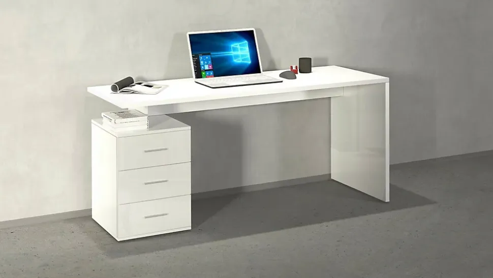 Dmora Bureau Siro 160x60x75h cm Blanc Brillant Modulable 3 Tiroirs, Étagères Fabriqué en Italie
