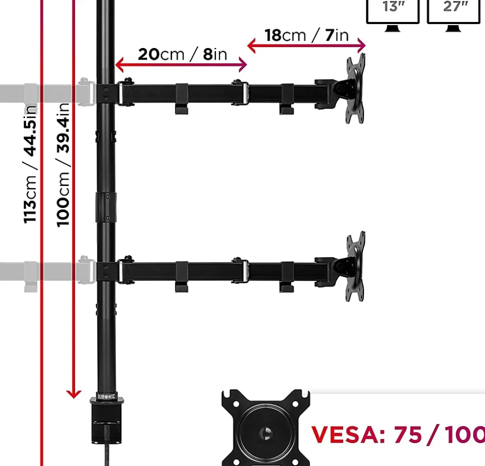 DMT154 Support 4 écrans PC à pince pour bureau Bras de moniteur Rotatif Inclinable Pivotant Compatible VESA 75 100 Duronic