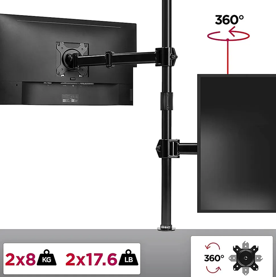 DMT252VX2 Support 2 écrans PC à pince pour bureau Bras de moniteur Rotatif Inclinable Pivotant Compatible VESA 75 100 Duronic