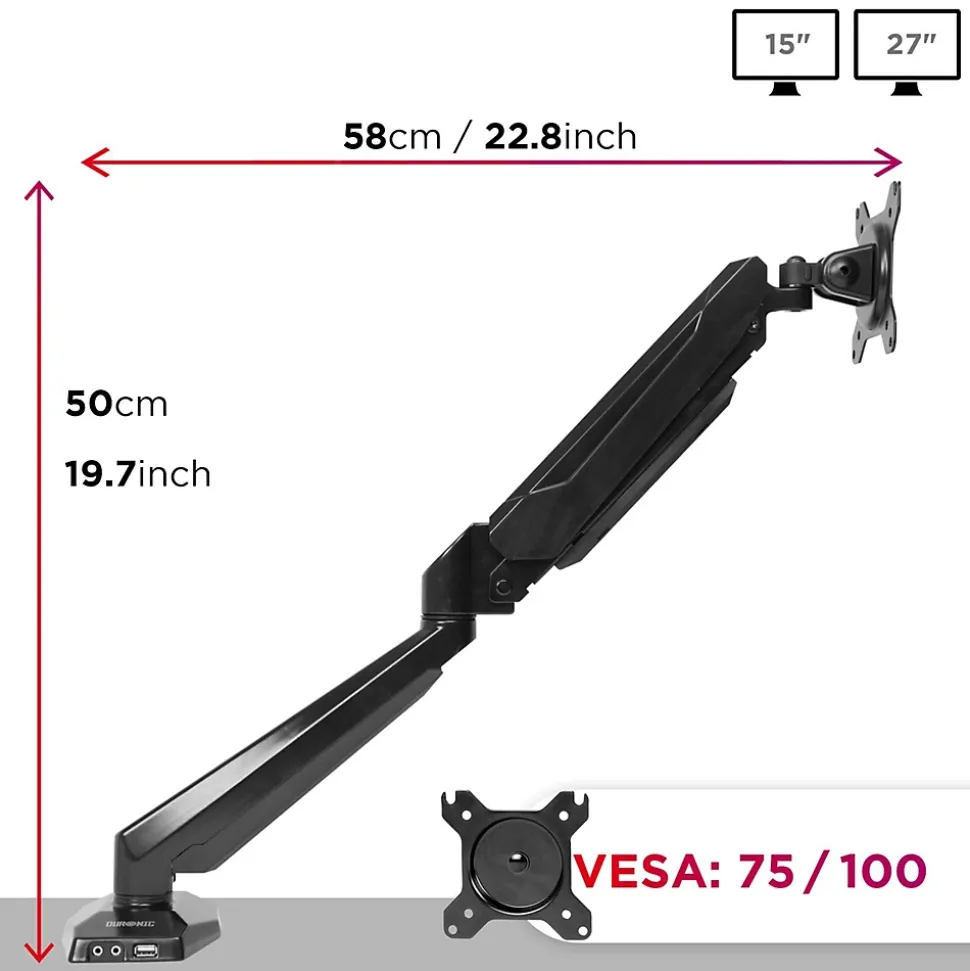 DMUSB5X1 Support écran PC à pince pour bureau Bras de moniteur Rotatif Inclinable Pivotant Compatible VESA 75 100 Duronic